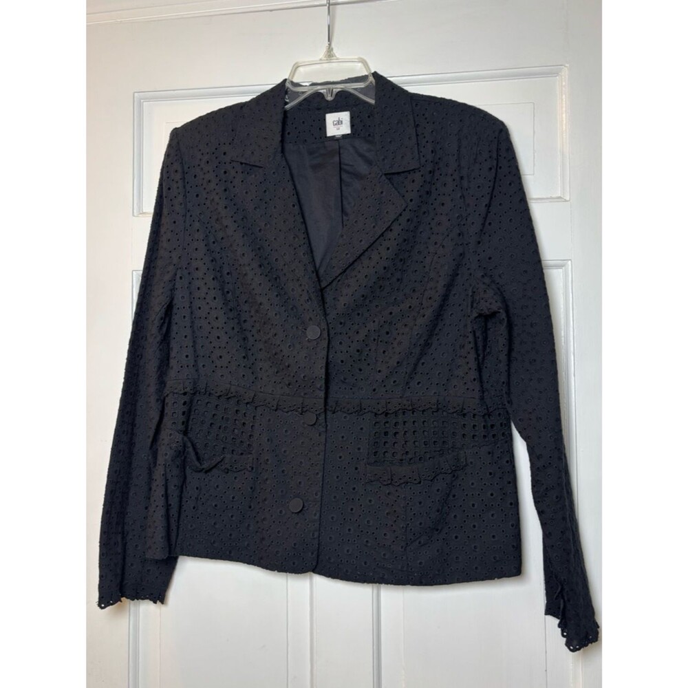 CAbi Black Eyelet Button-Front Blazer Jacket 100% Cotton 2 Pockets Women’s 12